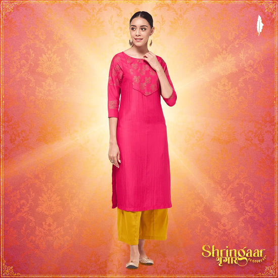 Shringaar Pink Block Printed Yoke Straight Fit Kurta