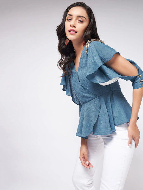 Flaunt Yourself In Solid Overlap Flared Sleeves Top