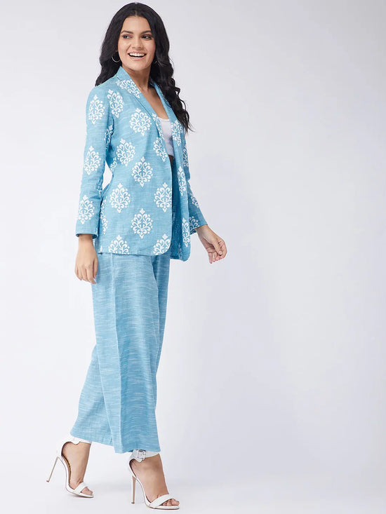 Blue Chambray Printed Blazer With Pant Set