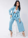 Blue Chambray Printed Blazer With Pant Set