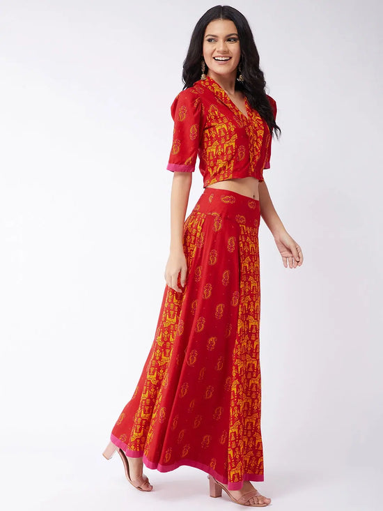 Digital Printed Sindoor Collared Top With Flared Skirt