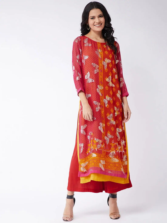 Printed Lurex Embellished Sindoor Kurta