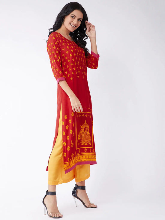 Digital Print Bottom Placement Sindoor Kurta