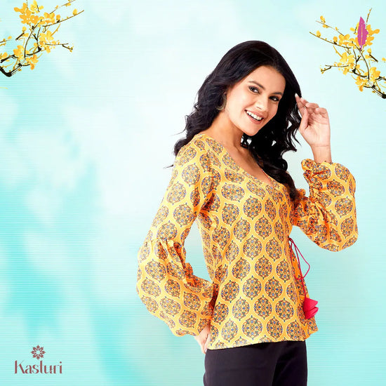 Kasturi Digital Printed Overlap Puff Sleeves Top