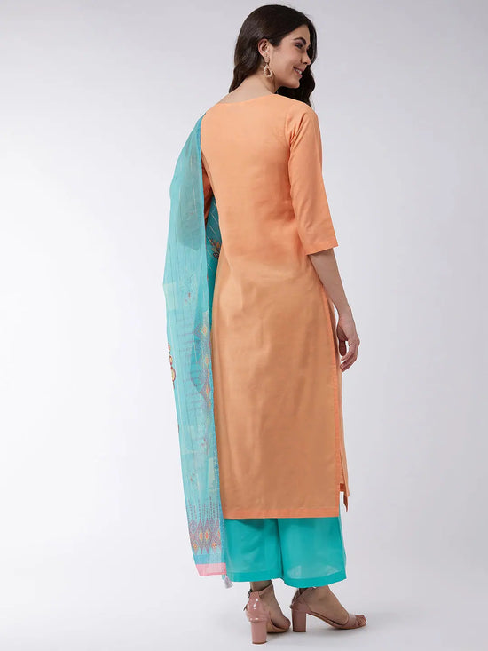 Orange Embroidered Kurta With Pants And Green Digital Printed Dupatta