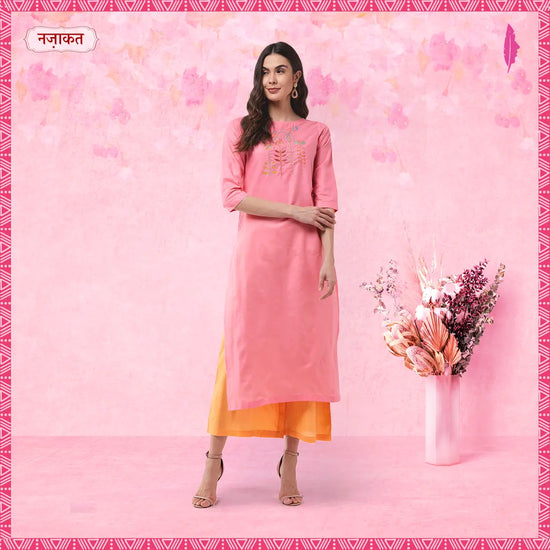 Pink Embroidered Quarter Sleeves Kurta With Pants