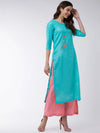 Blue Embroidered Kurta With Contrasting Pants