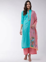 Blue Embroidered Kurta With Pants And Pink Digital Printed Dupatta