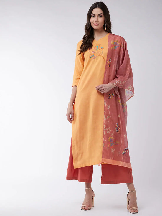 Light Orange Embroidered Quarter Sleeves Kurta With Pants And Digital Printed Dupatta