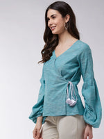 Angarkha Style Extended Puff Sleeve Chambray Top