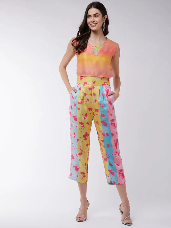 Candy Inspired Digital Printed Crop Top With High Waist Pleated Pants