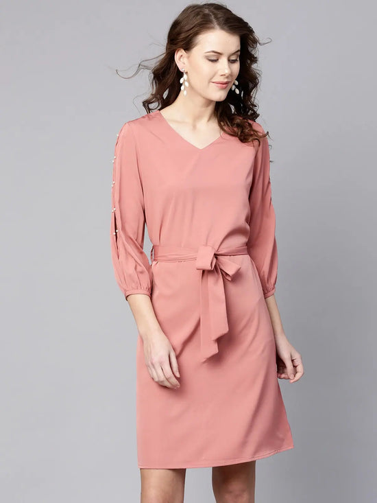 Pearl Slit Sleeves A-Line Dress-ZL8154PNK-XS