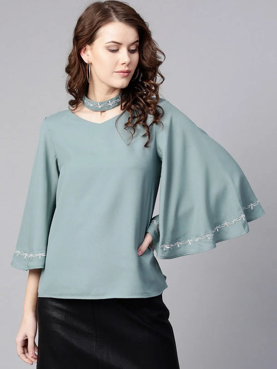 Embroidered Choker Neck Top-ZL6113GRY-XS