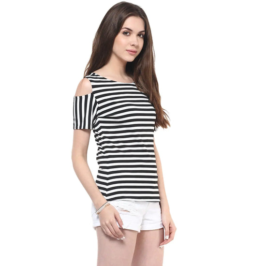 Thin Stripe Shoulder Cut Top-LATZL6004BLACK-S