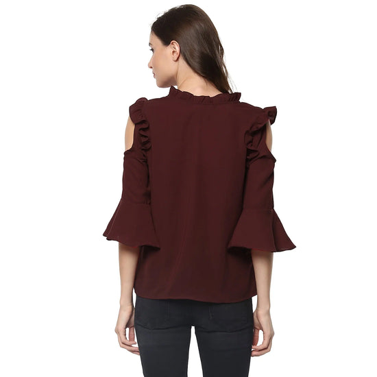 Solid Ruffle Cold Shoulder Top