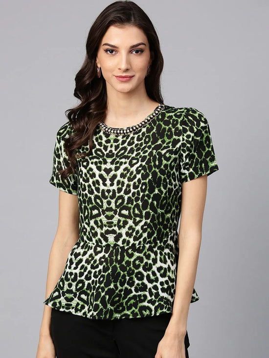 Animal Print Embellished Peplum Top