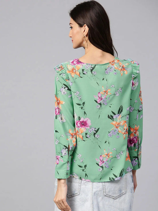 Green Floral Print Top With Shoulder Ruffles