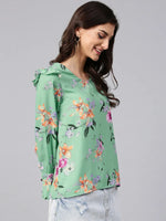 Green Floral Print Top With Shoulder Ruffles