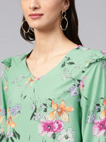 Green Floral Print Top With Shoulder Ruffles