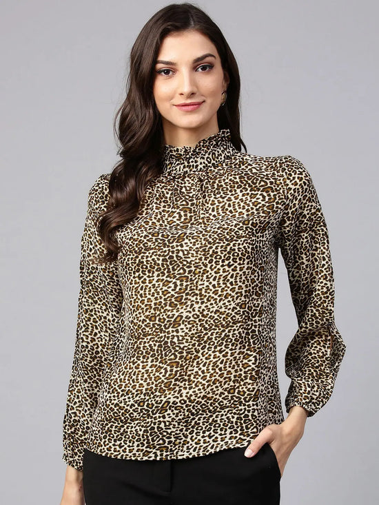 Animal Print Ruffle Neck Top