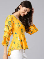 Yellow Floral Printed Peplum Top