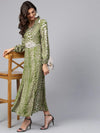 Light Green Animal Print Maxi Dress With Embellished Brotch