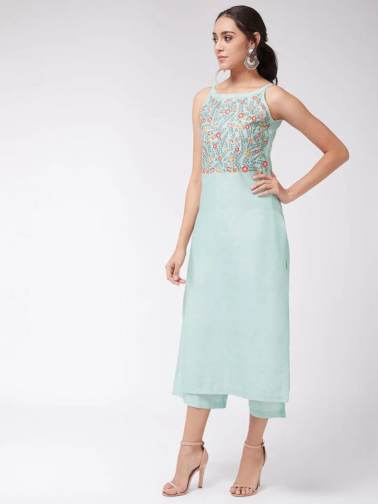 Embroidered Pastel Sleeveless Semi-Festive Kurta