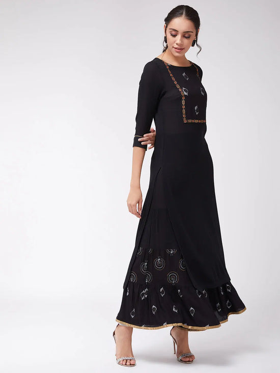 Black Foil Printed Straight Fit Kurta