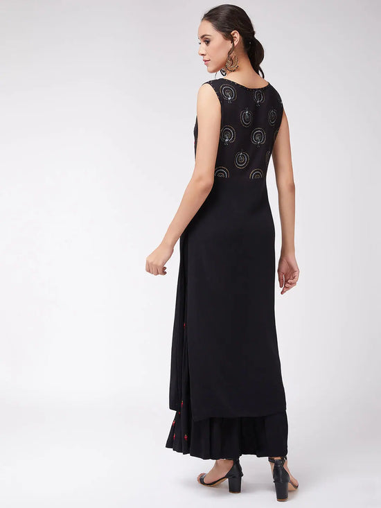 Sleeveless Foil Printed Kurta With Embroidered Sharara