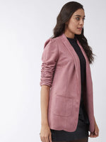 Solid Long Blazer With Ruched Sleeves-PKJ2038RD-S