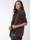 Solid Long Blazer With Ruched Sleeves-PKJ2038DBRWN-S