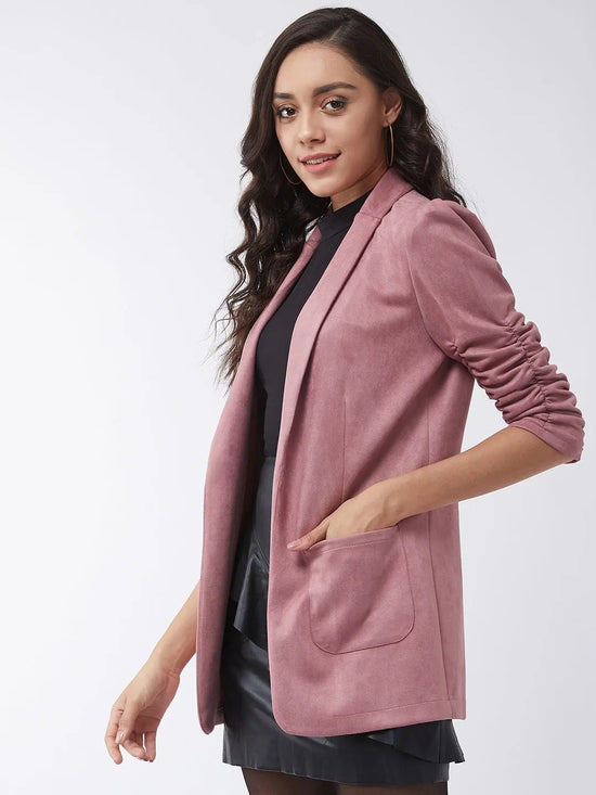 Solid Long Blazer With Ruched Sleeves-PKJ2038DYPNK-S