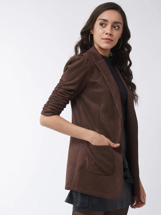 Solid Long Blazer With Ruched Sleeves-PKJ2038DYPNK-S