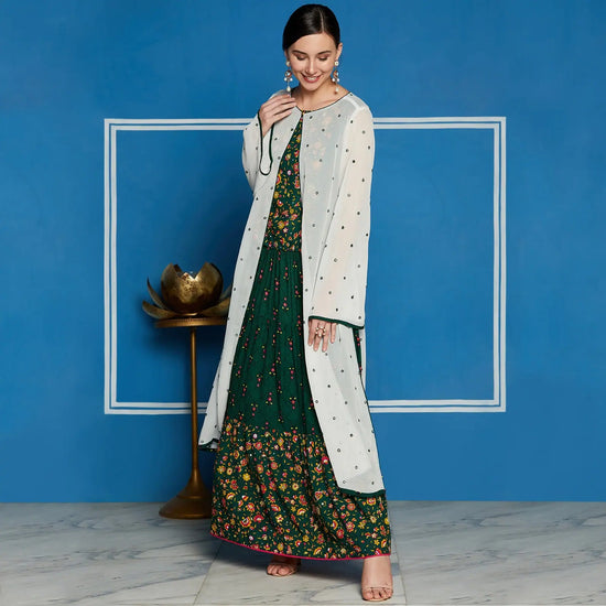 Green Mughal Printed Top With Skirt And Embroidered Shrug