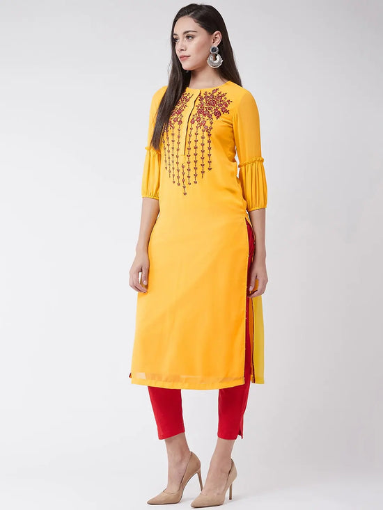 Yellow Embroidered Straight Fit Kurta