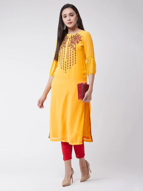 Yellow Embroidered Straight Fit Kurta