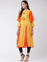 Yellow Embroidered Layered Kurta With Bell Sleeves And Front Slits