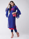 Royal Blue Yoke Embroidered Layered Kurta With Bell Sleeves