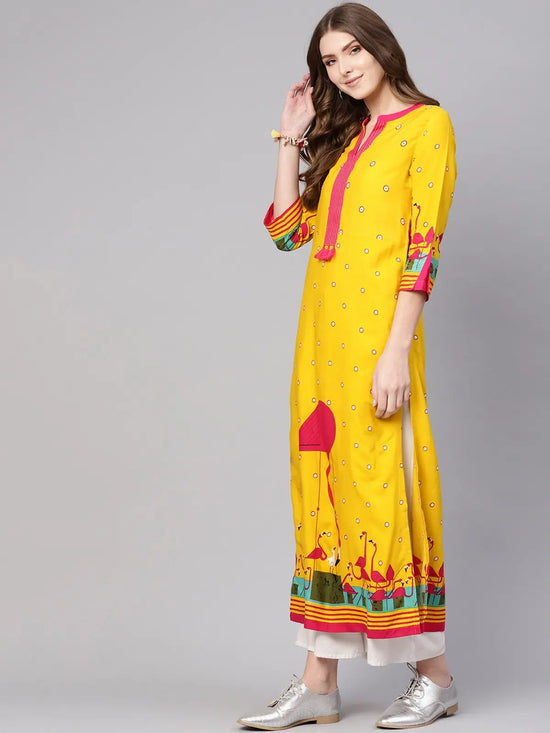 Yellow V-Neck Flamingo Printed Kurta