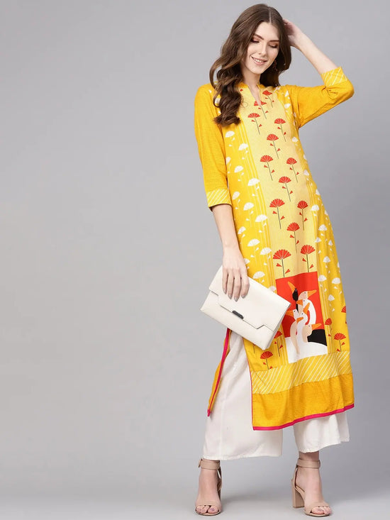 Yellow Allover Flamingo Printed Straight Kurta