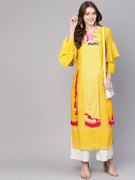 Yellow Double Layered Flamingo Printed Kurta