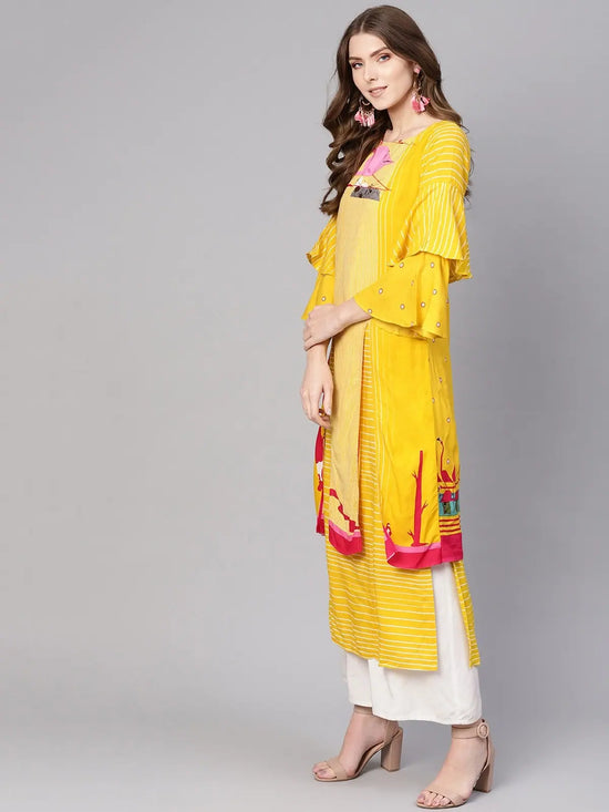 Yellow Double Layered Flamingo Printed Kurta