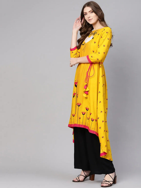 Yellow Dori Asymmetric Flamingo Printed Kurta