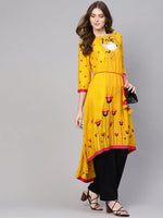 Yellow Dori Asymmetric Flamingo Printed Kurta