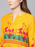 Yellow Gathered Flamingo Long Kurta