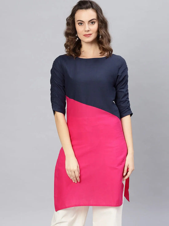 3/4sleeves Diagonal Color-Block Kurti-PKL4348PNK-S