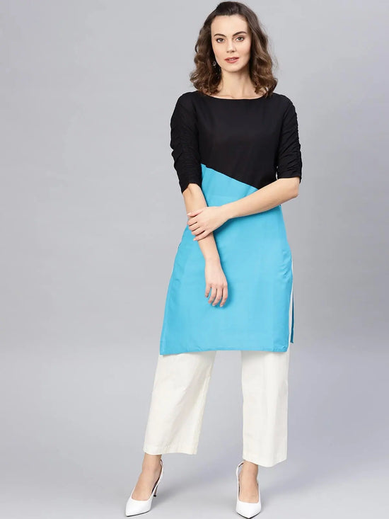 3/4sleeves Diagonal Color-Block Kurti-PKL4348BLU-S