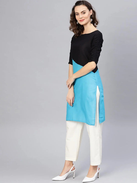 3/4sleeves Diagonal Color-Block Kurti-PKL4348BLU-S