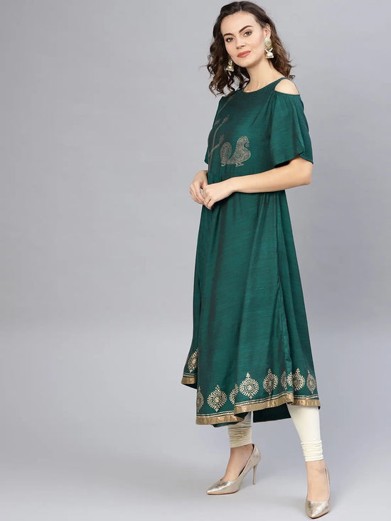 Gold Block Printed Cold-Shoulder Kurta