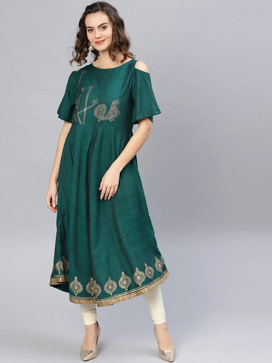 Gold Block Printed Cold-Shoulder Kurta